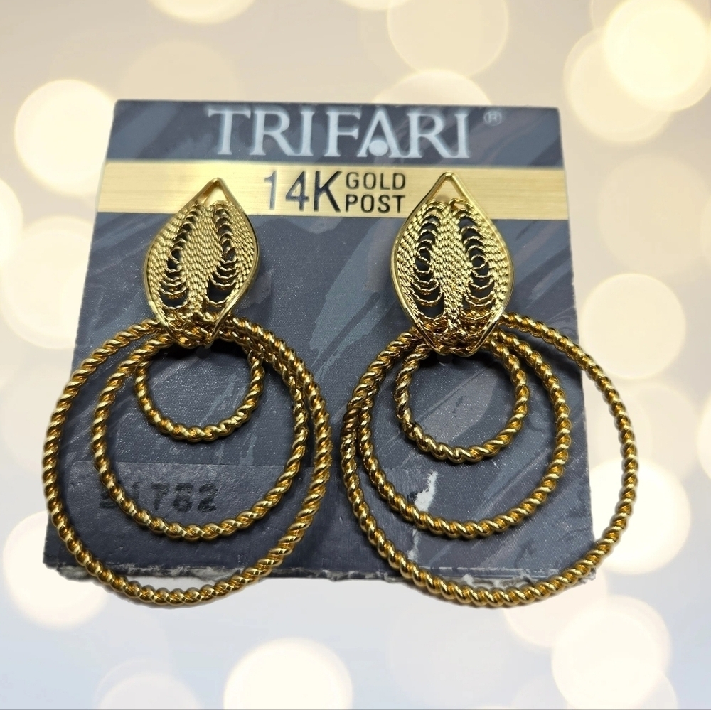 Trifari Womens 14k Post Earrings Drop Dangle 3 Hoop Filigree Leaf Original Card